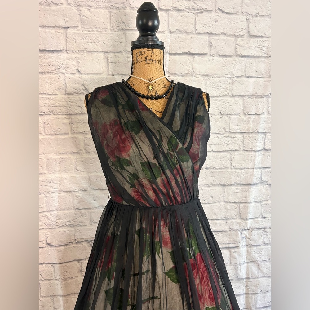 Vintage 50s Dress WOUNDED BIRD Black Pink Floral Midi Evening Formal Party Prom - Picture 13 of 17